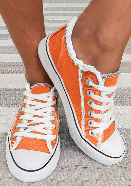 

Frayed Lace Up Flat Canvas Sneakers - Orange, SCM005608