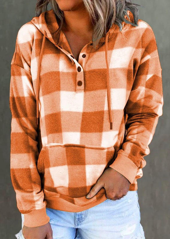 

Plaid Kangaroo Pocket Snap Button Hoodie - Orange, SCM005664