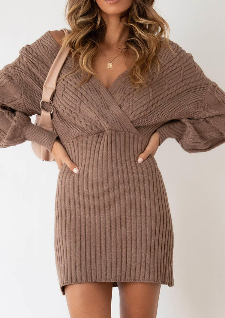 

Crochet Wrap Sweater Mini Dress without Belt, Khaki, SCM005063