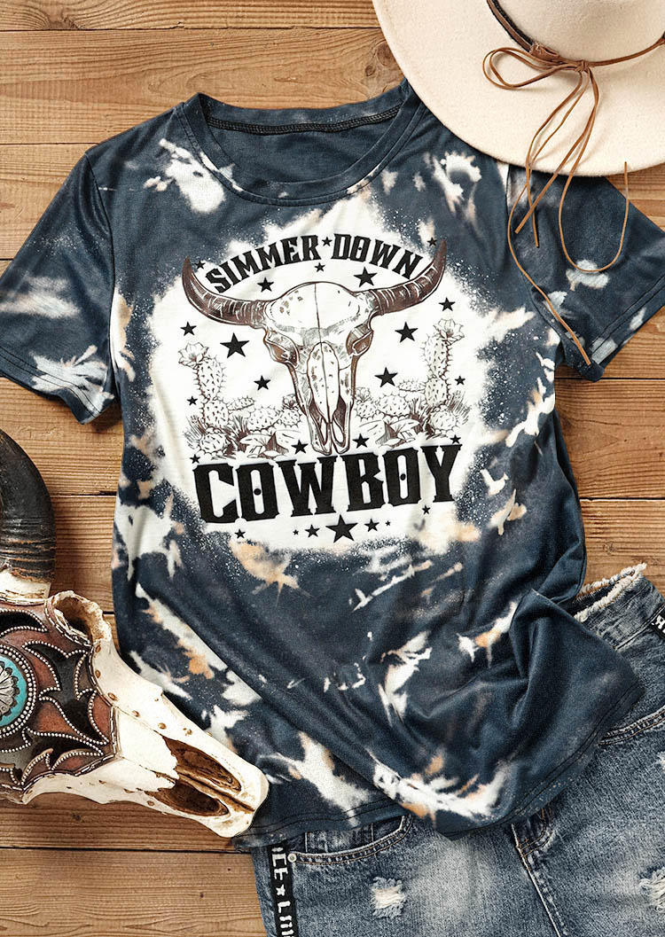 

Simmer Down Cowboy Skull Steer T-Shirt Tee - Dark Grey, Gray, SCM005092