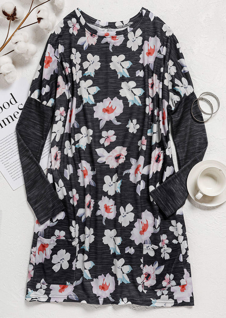 Floral Pocket Long Sleeve O-Neck Mini Dress