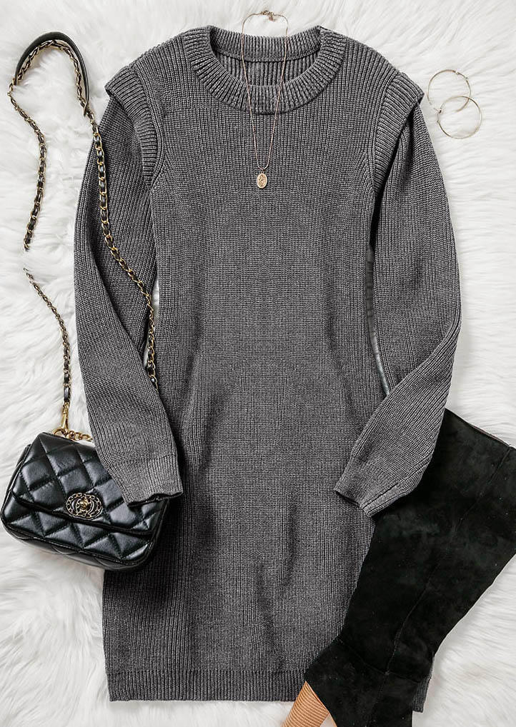 Long Sleeve O-Neck Sweater Dress - Gray