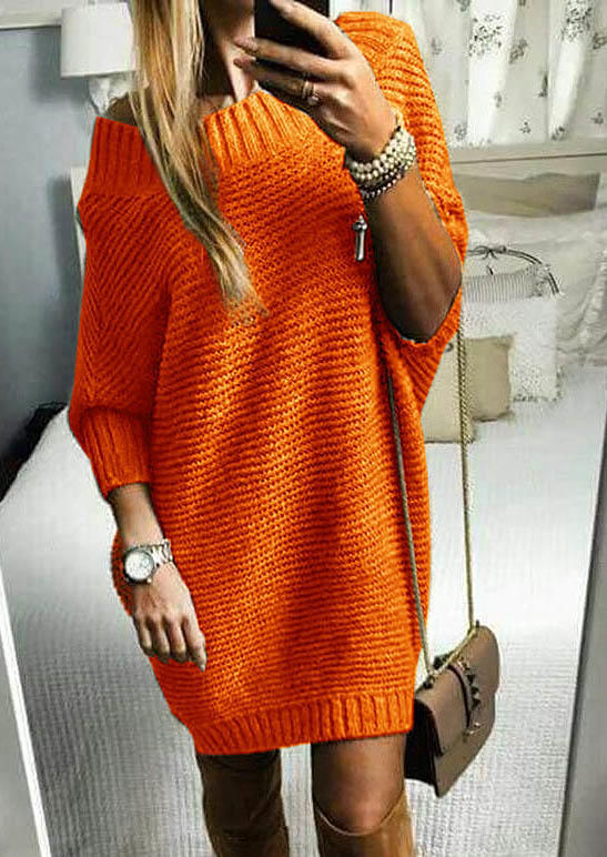 O-Neck Long Sleeve Sweater Mini Dress - Orange, SCM005267