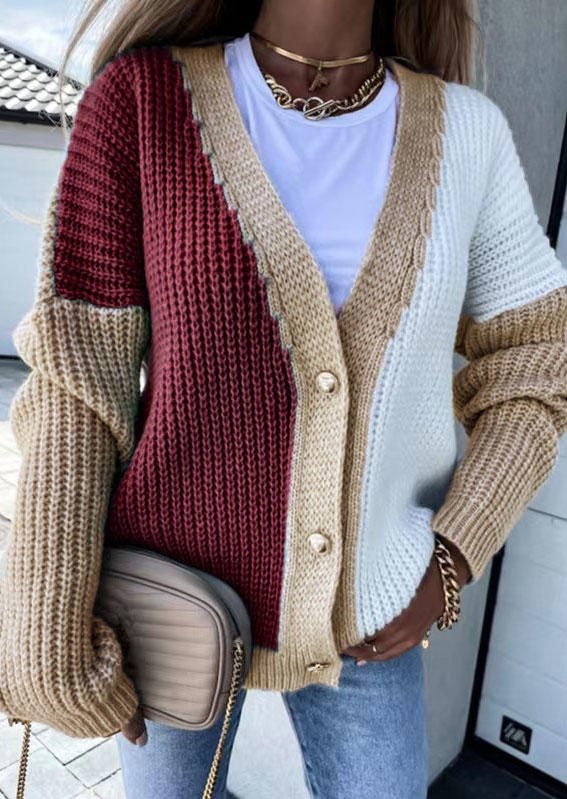

Color Block Button Sweater Cardigan - Red, SCM005361