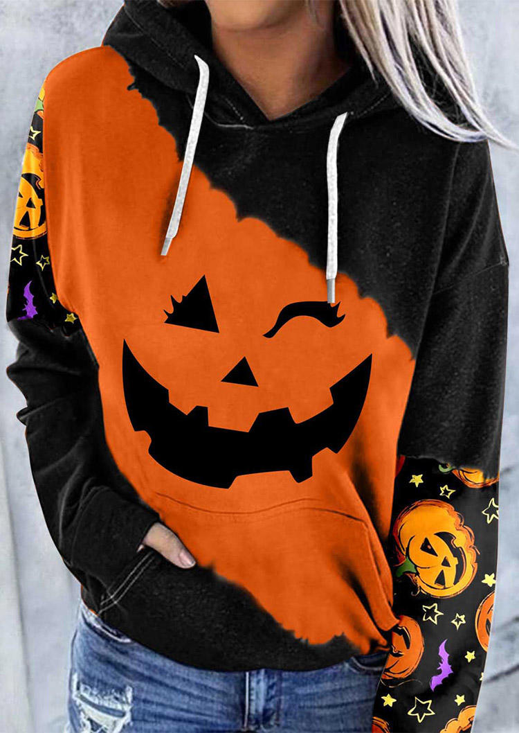 

Halloween Pumpkin Face Star Kangaroo Pocket Hoodie - Orange, SCM005406