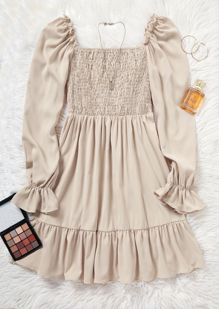 Ruffled Smocked Puff Sleeve Mini Dress - Apricot