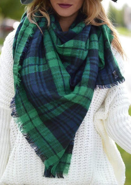 

Colorful Plaid Frayed Warm Shawl Scarf, Green, SCM005596