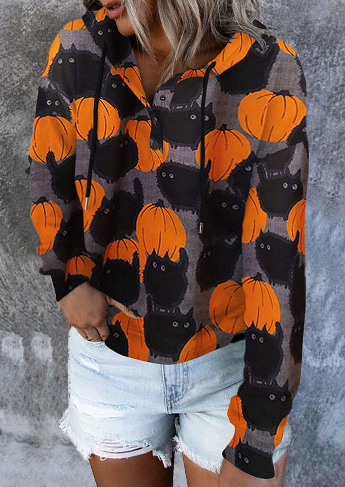 

Halloween Pumpkin Cat Drawstring Hoodie, Multicolor, SCM005612