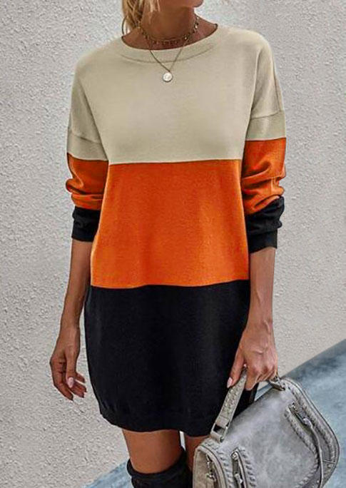 

Color Block Long Sleeve O-Neck Sweatshirt Mini Dress, Multicolor, SCM005621
