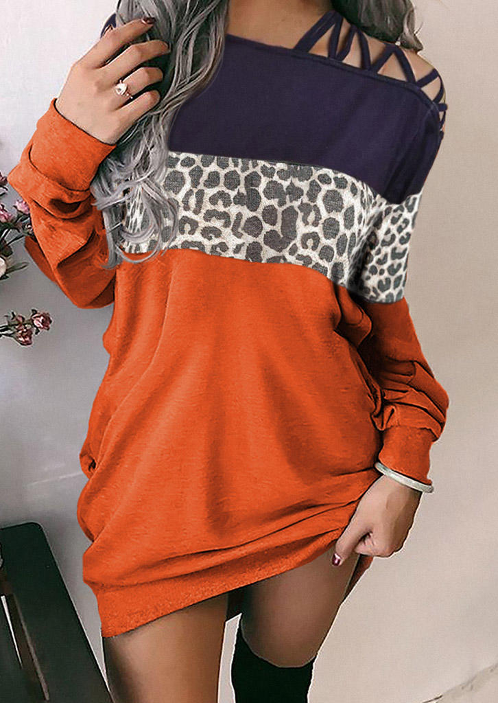 Leopard Color Block Criss-Cross Sweatshirt Mini Dress