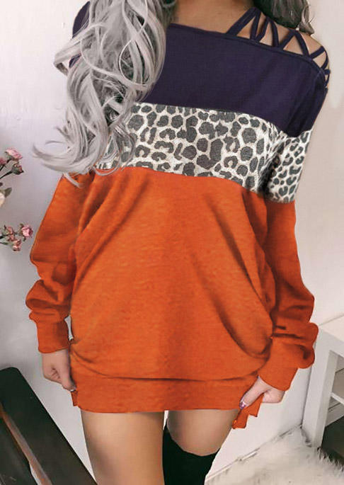 Leopard Color Block Criss-Cross Sweatshirt Mini Dress