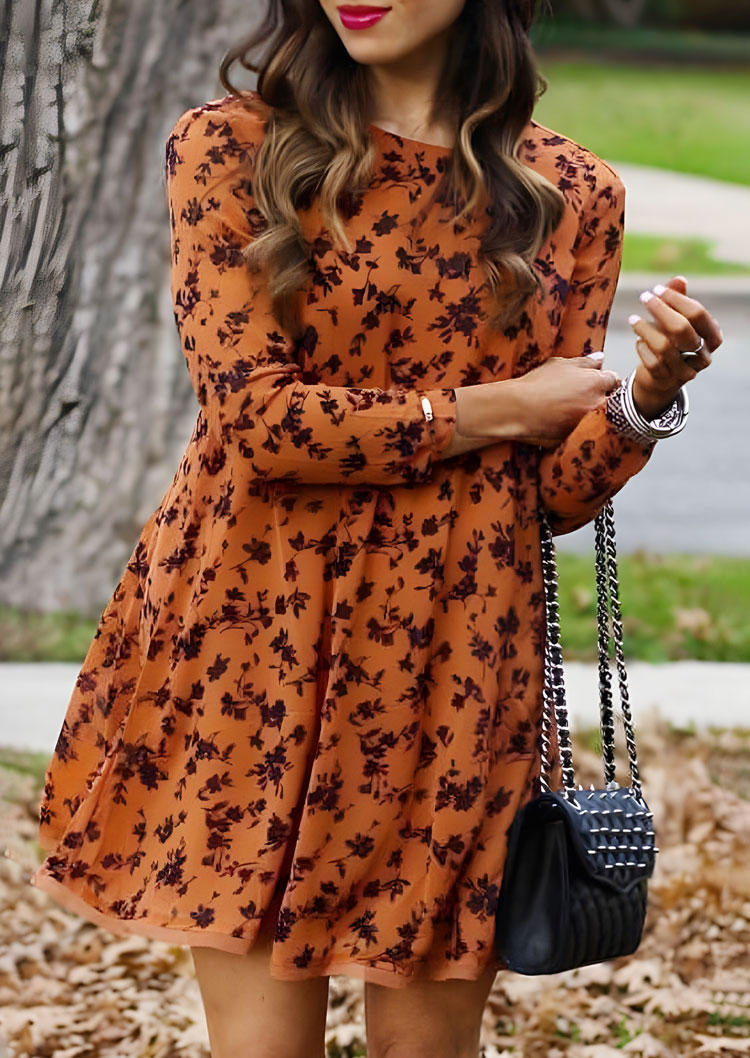 

Floral Mesh Splicing Hem Long Sleeve Mini Dress - Orange, SCM005668