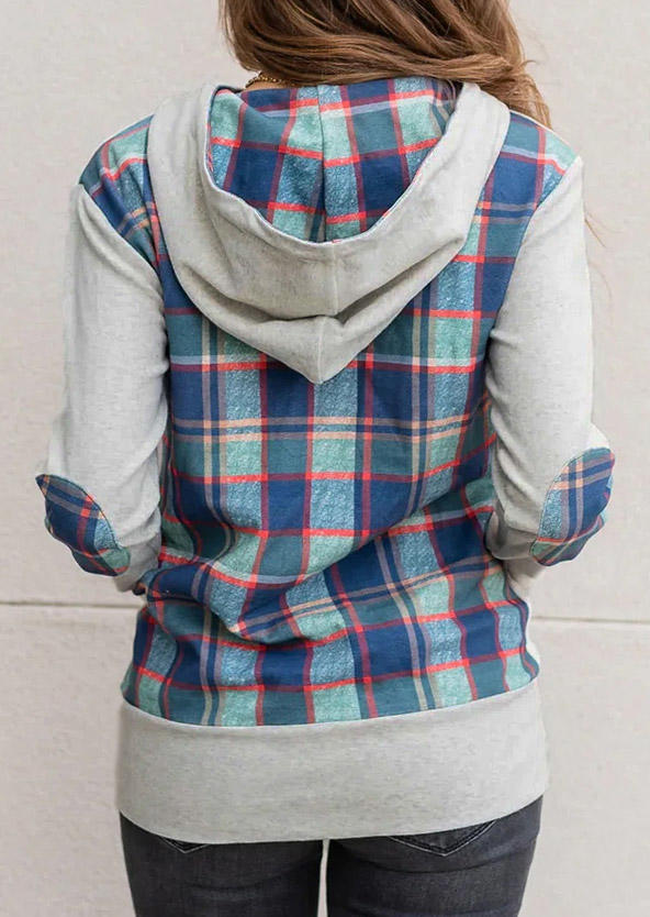 

Plaid Zipper Kangaroo Pocket Elbow Patch Hoodie - Light Grey, Gray, SCM005697