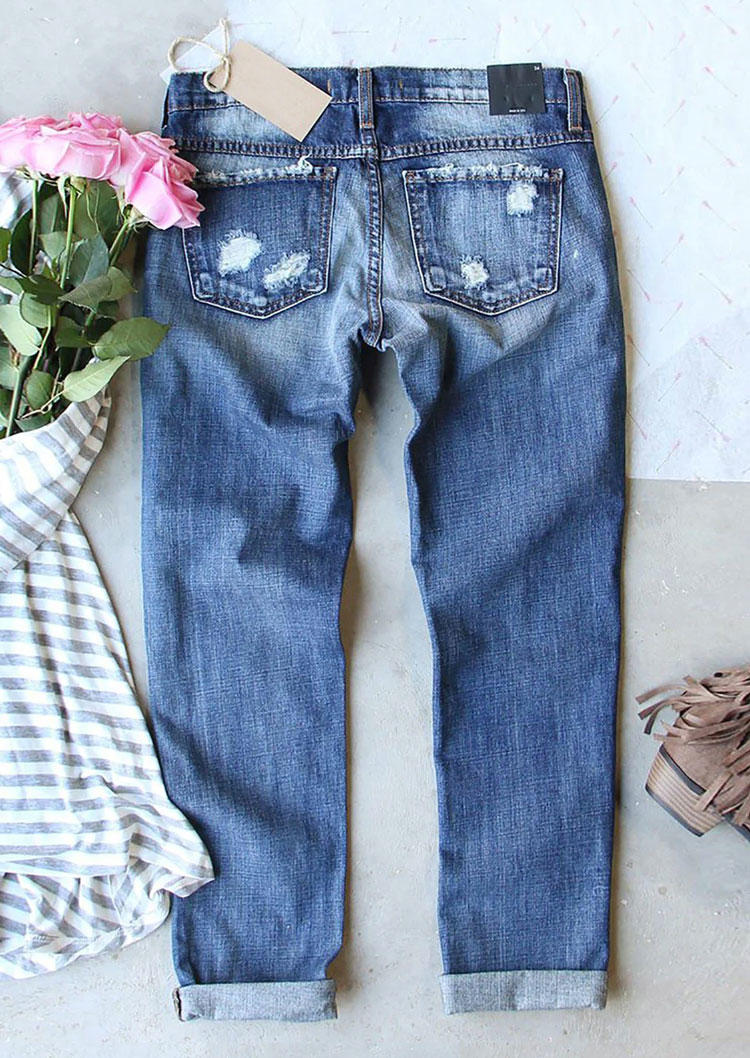 Leopard Plaid Pumpkin Ripped Denim Pants - Blue
