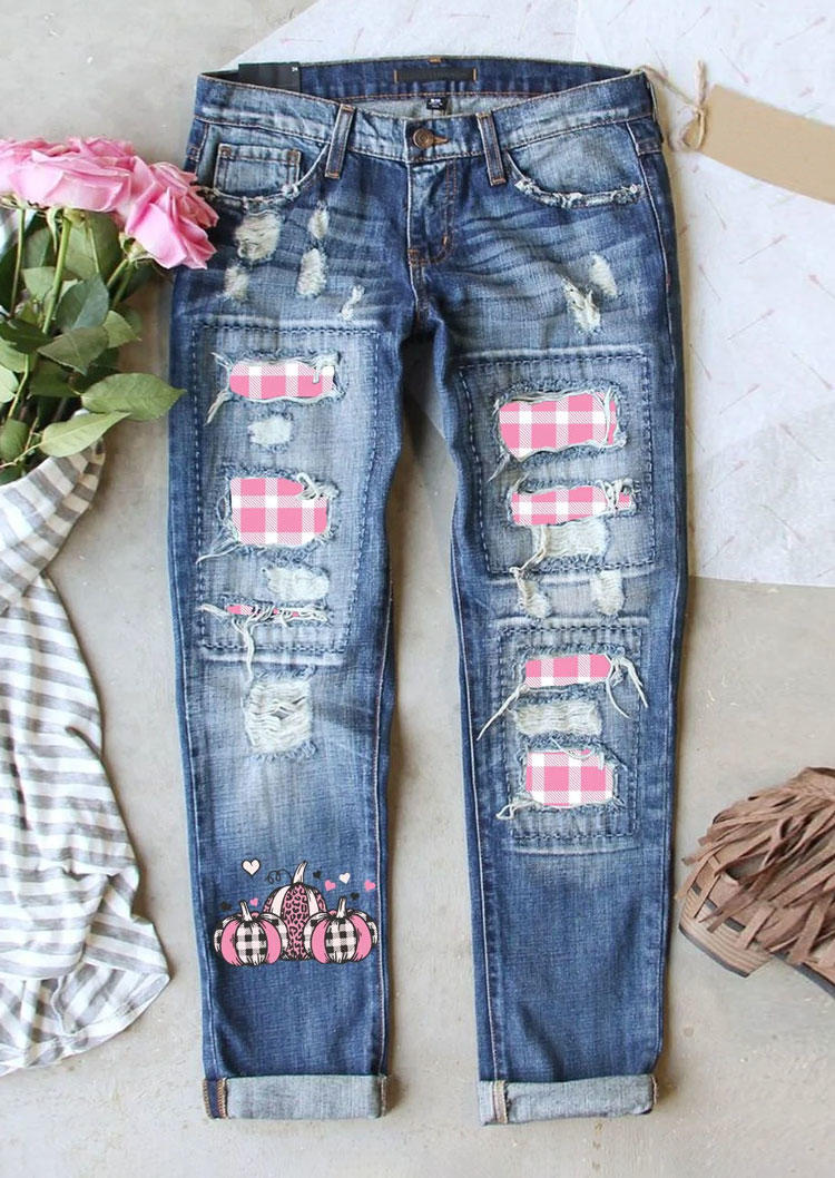 

Leopard Plaid Pumpkin Ripped Denim Pants - Blue, SCM005724