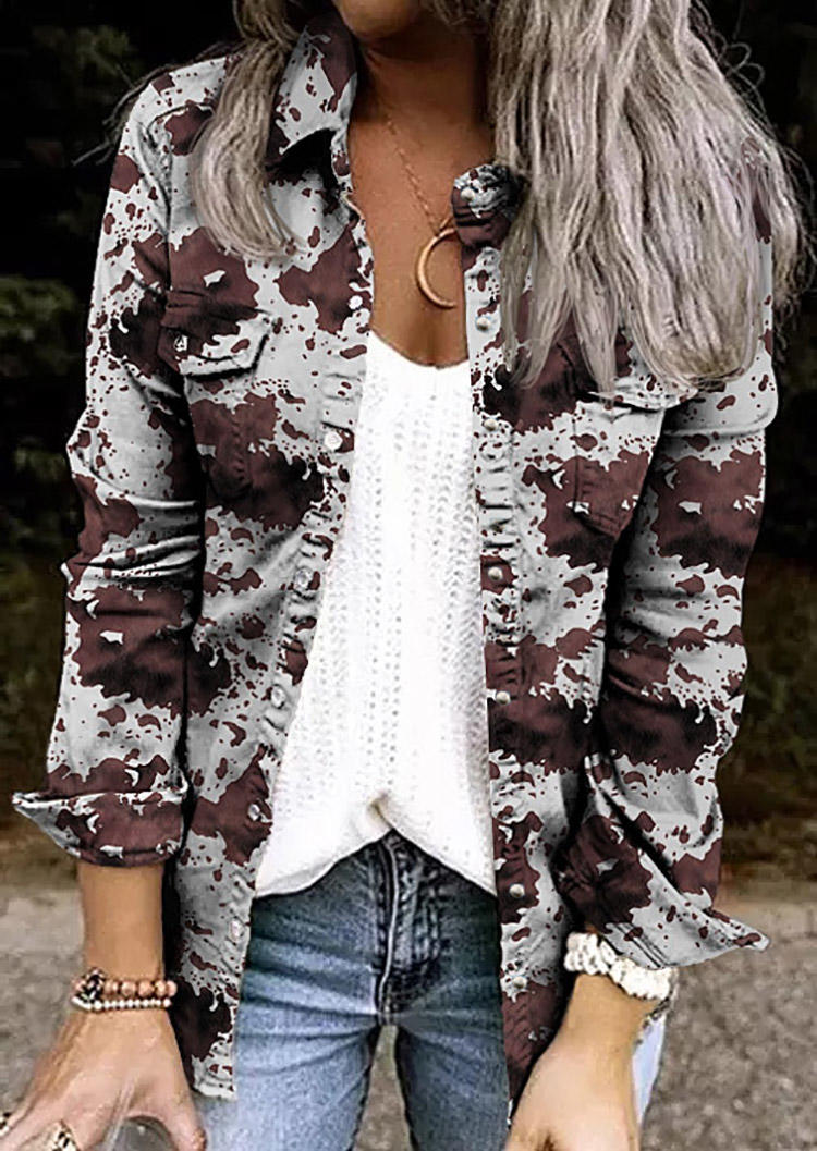 

Cow Snap Button Pocket Ruffled Long Sleeve Jacket, Multicolor, SCM005256