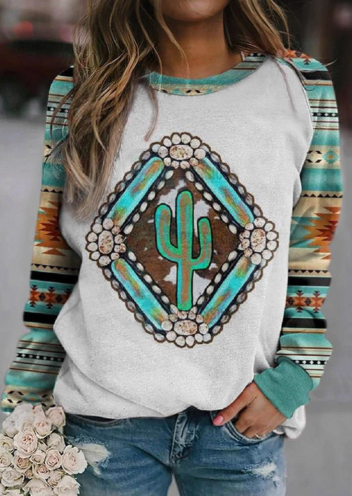 

Cactus Turquoise Aztec Geometric Sweatshirt - Light Grey, Gray, SCM005294
