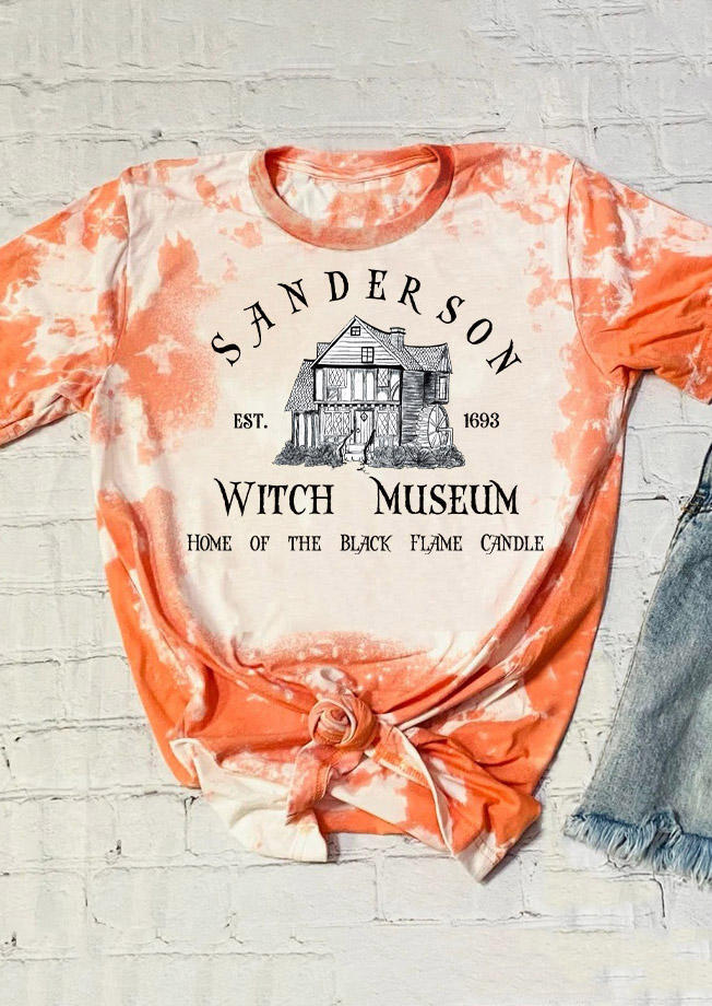 

Halloween Witch Museum Home Of The Black Flame Candle Bleached T-Shirt Tee - Orange, SCM005346