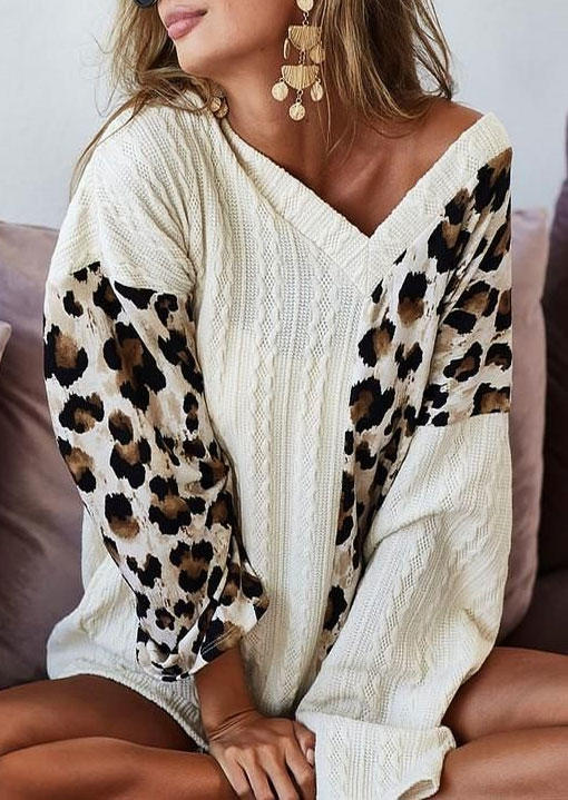 

Leopard Long Sleeve V-Neck Sweater - White, SCM005355