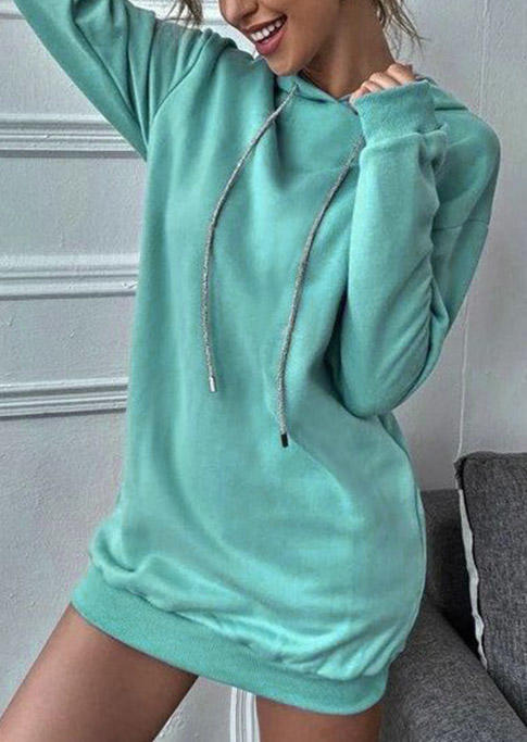 Drawstring Long Sleeve Hooded Mini Dress - Green