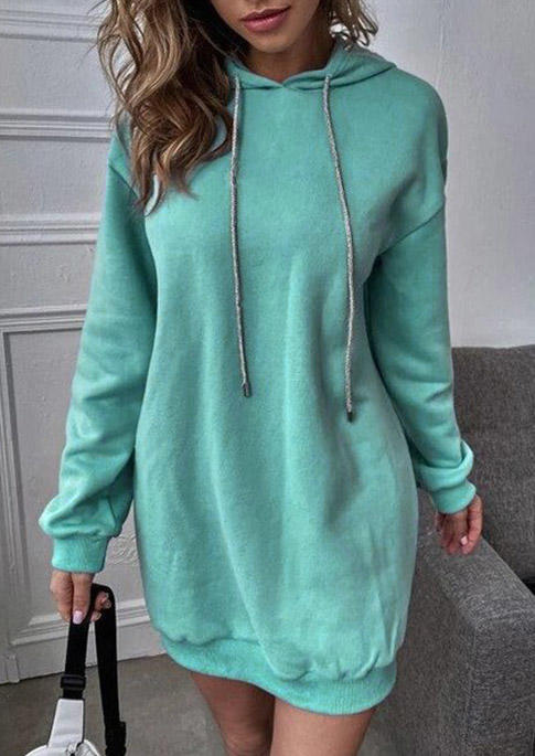 Drawstring Long Sleeve Hooded Mini Dress - Green