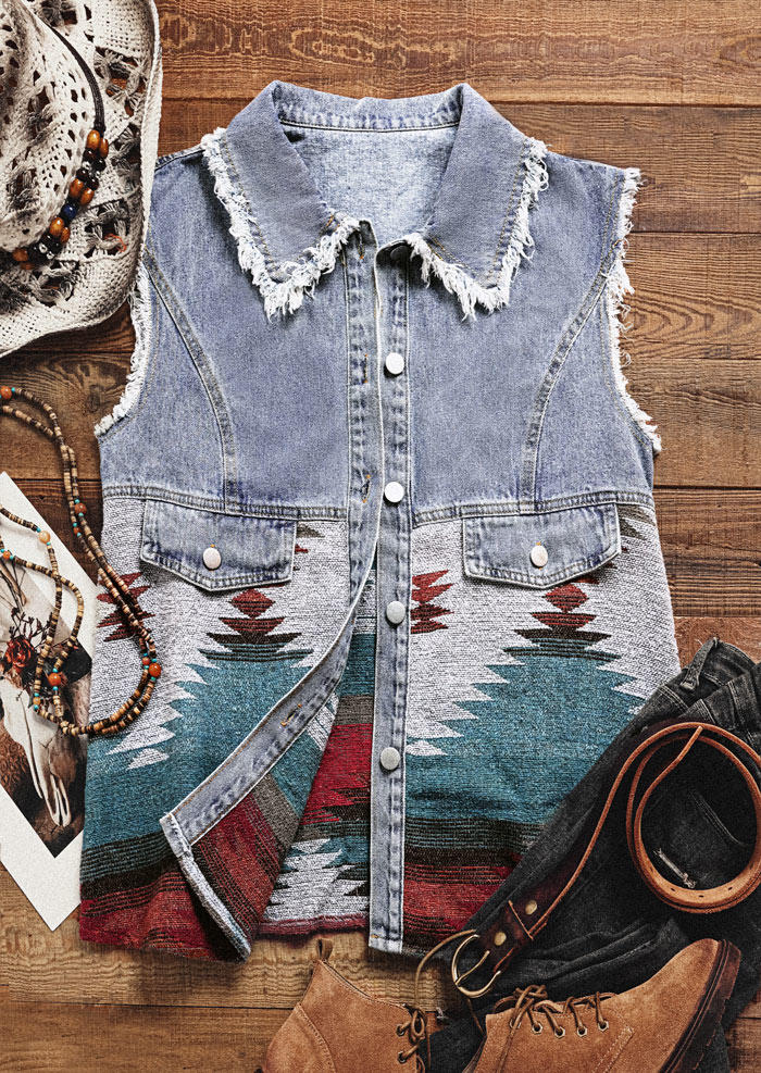 

Aztec Geometric Frayed Button Fake Pockets Vest Coat - Light Blue, SCM005428