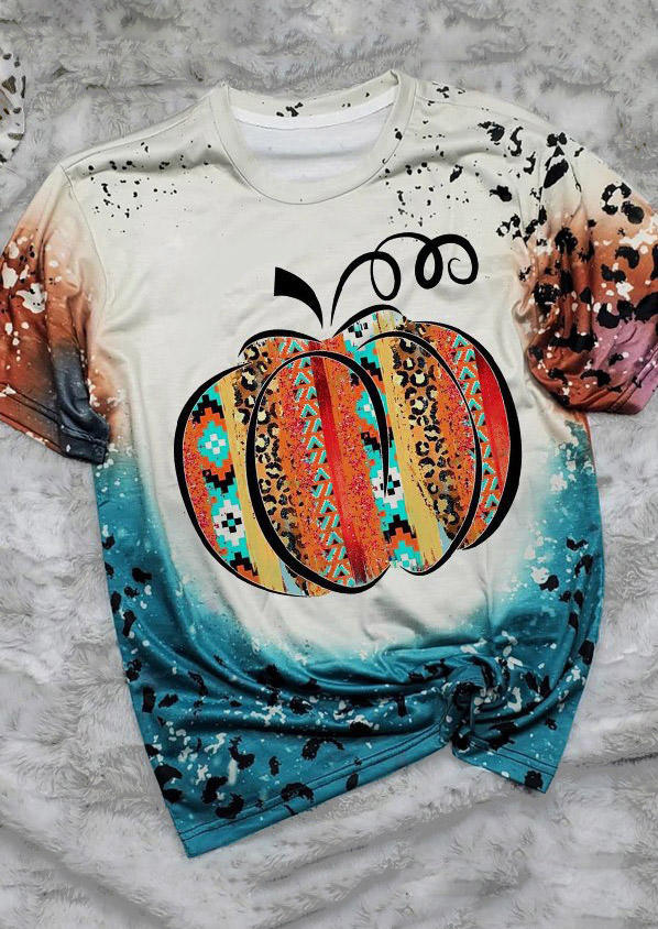 

Pumpkin Aztec Geometric Leopard Bleached T-Shirt Tee, Multicolor, SCM005482