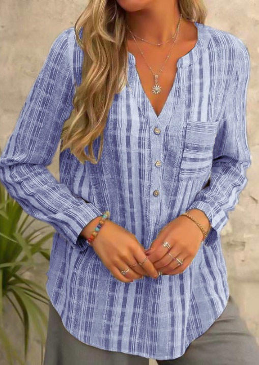 

Plaid Pocket Button Notched Neck Shirt - Blue, SCM005496