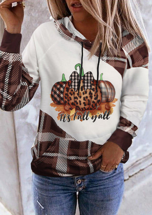 

It' Fall Y'all Pumpkin Leopard Plaid Hoodie - Brown, SCM005499
