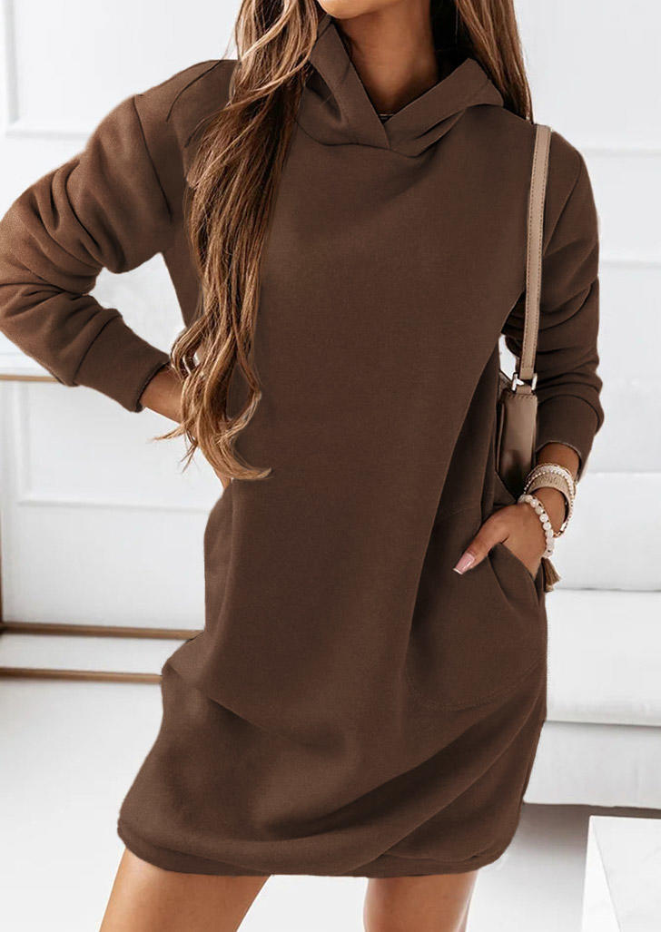

Pocket Long Sleeve Hooded Mini Dress - Dark Brown, SCM005512
