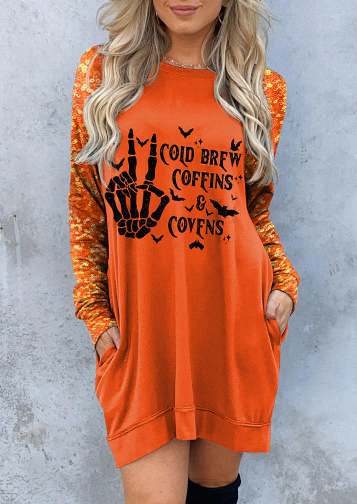 

Halloween Cold Brew Coffins Covens Pocket Mini Dress - Orange, SCM005660