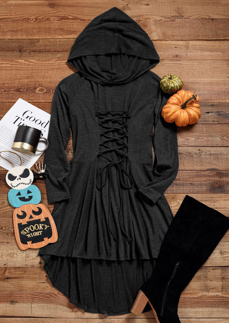 Halloween Lace Up Thumbhole Hooded High Low Hem Mini Dress - Gray