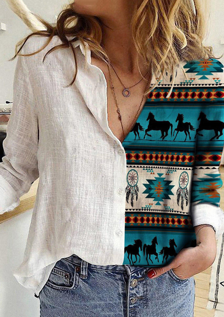 

Aztec Horse Dreamcatcher Feather Long Sleeve Shirt - White, SCM005274