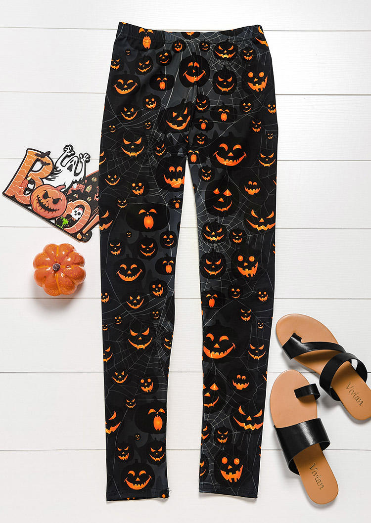Halloween Pumpkin Face High Waist Skinny Leggings - Black