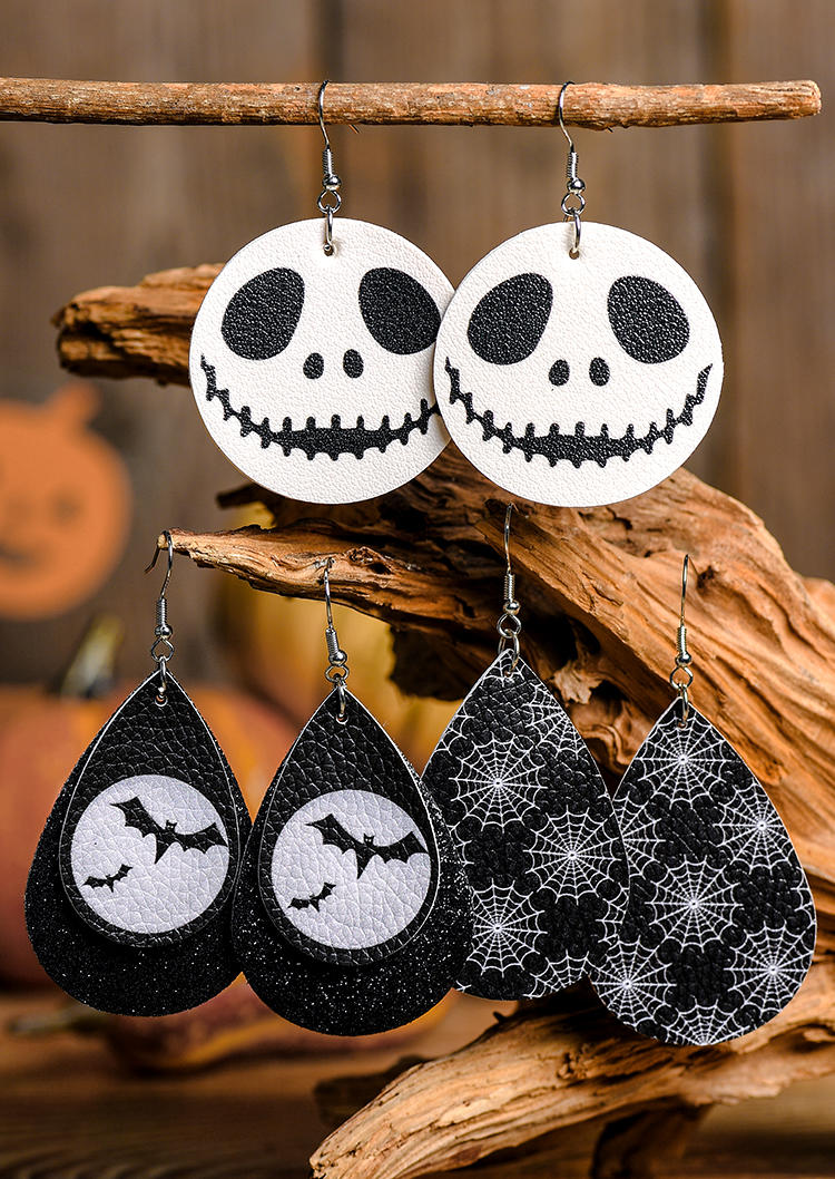 

3Pairs Halloween Skull Bat Pumpkin Face Water Drop Earrings, Multicolor, SCM005298