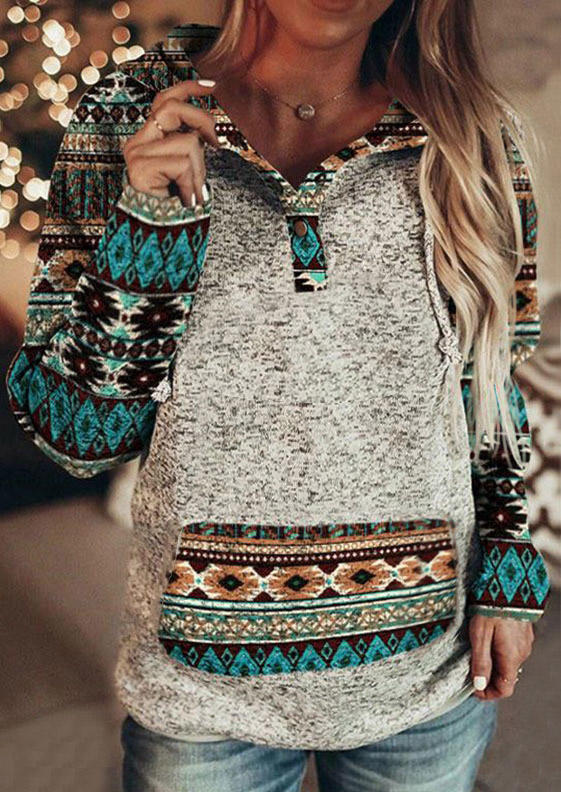 

Geometric Snap Button Kangaroo Pocket Ethnic Hoodie - Gray, SCM005330