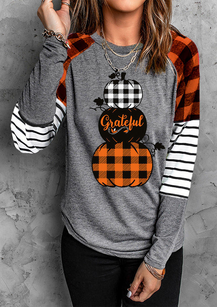 

Grateful Plaid Pumpkin Striped O-Neck T-Shirt Tee - Gray, SCM005344