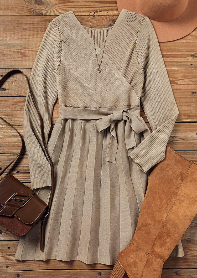 Ruffled Long Sleeve Wrap Tie V-Neck Mini Dress - Apricot