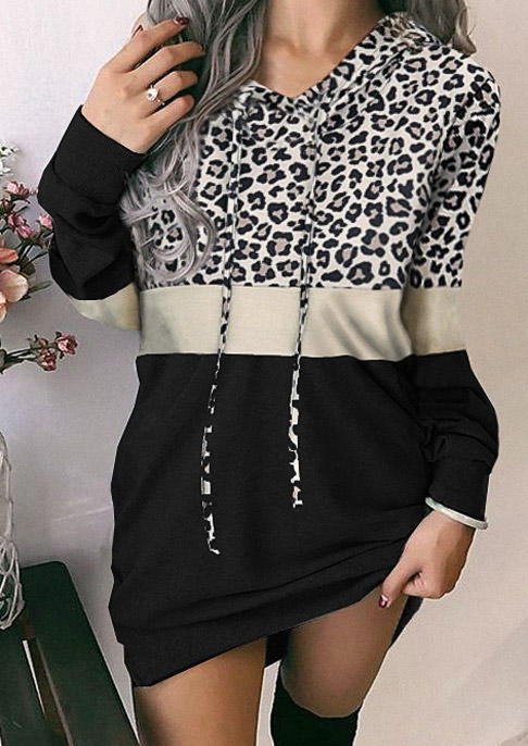 Leopard Color Block Drawstring Hooded Mini Dress