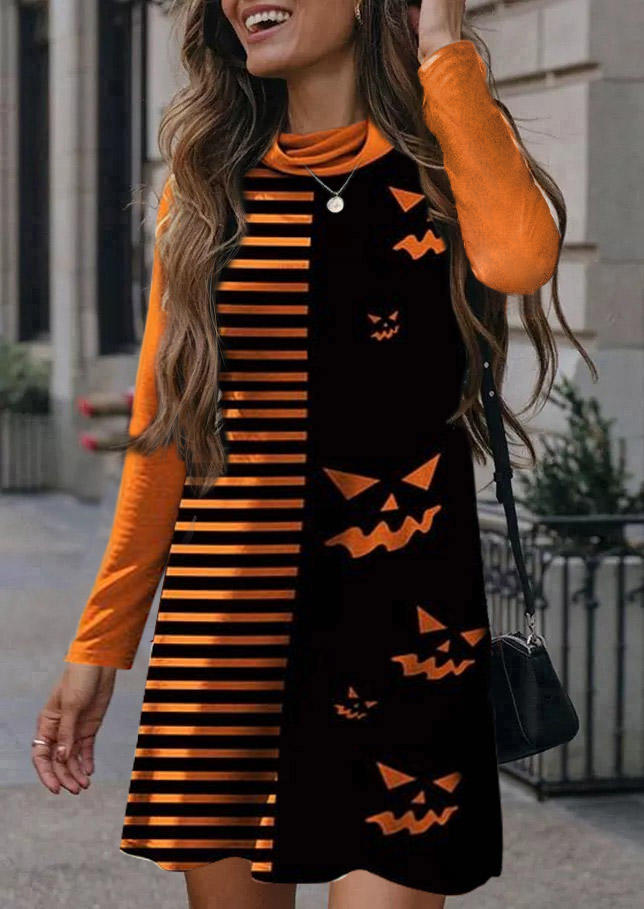 

Halloween Pumpkin Face Striped Cowl Neck Mini Dress, Multicolor, SCM005667