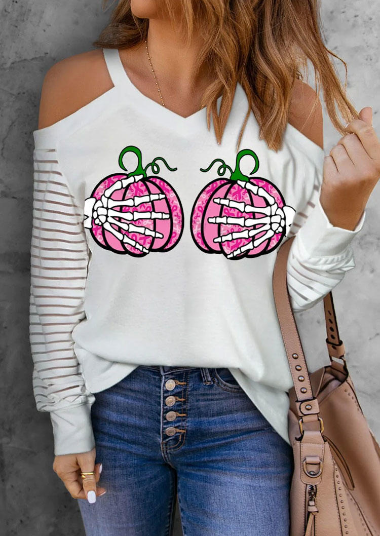 

Striped Pumpkin Skeleton Hand V-Neck Blouse - White, SCM005841