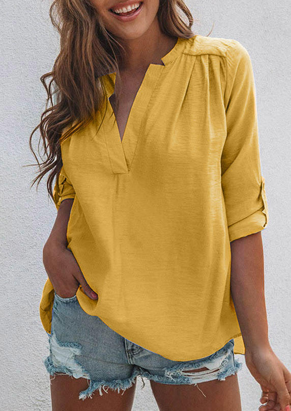 

Ruffled Tab-Sleeve Notched Neck Shirt - Yellow, SCM005085