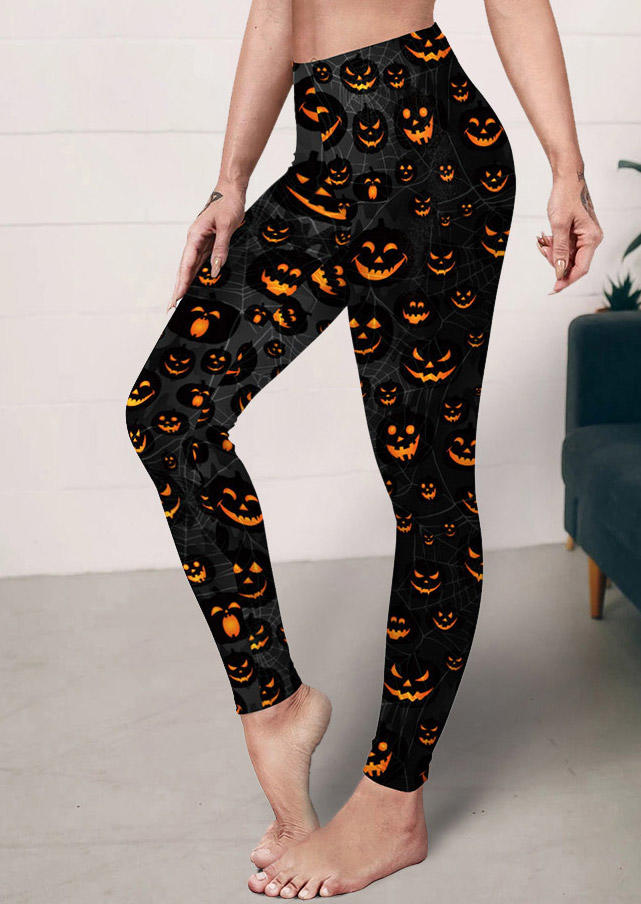 

Halloween Pumpkin Face High Waist Skinny Leggings - Black, SCM005278