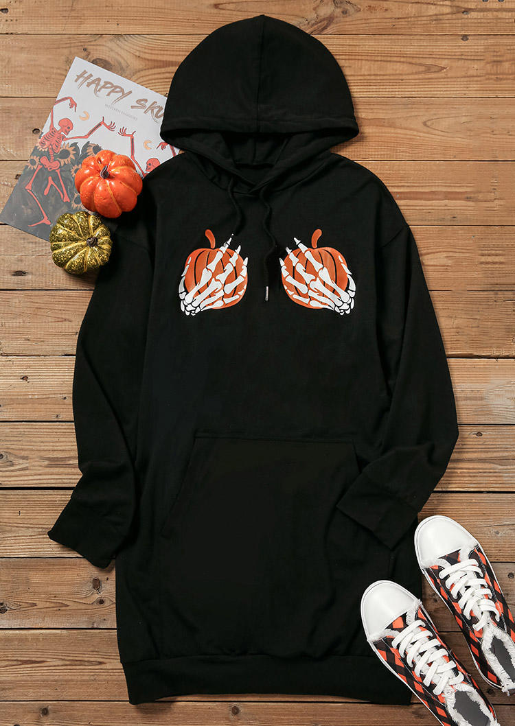 Halloween Pumpkin Skeleton Hand Hooded Mini Dress - Black