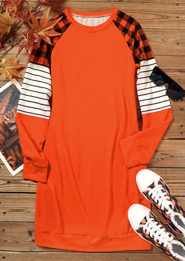 Plaid Striped Splicing Sweatshirt Mini Dress - Orange