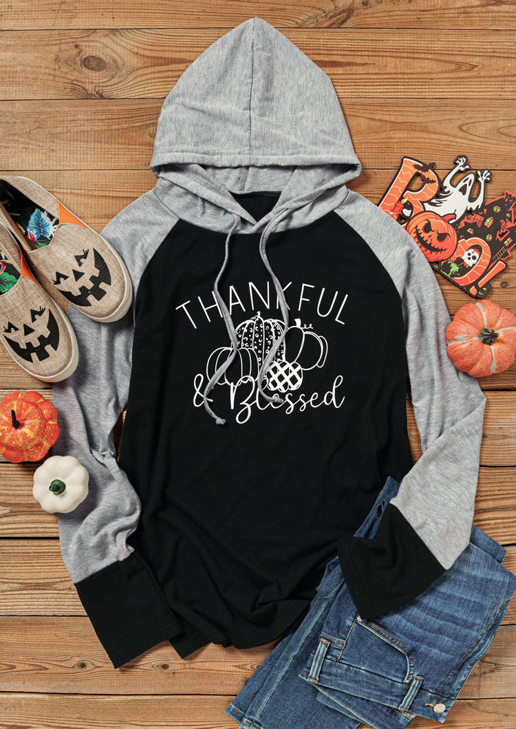 Thanksgiving Thankful & Blessed Pumpkin Hoodie - Black