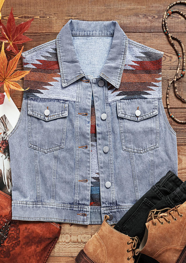 

Aztec Geometric Button Vest Coat - Light Blue, SCM005427