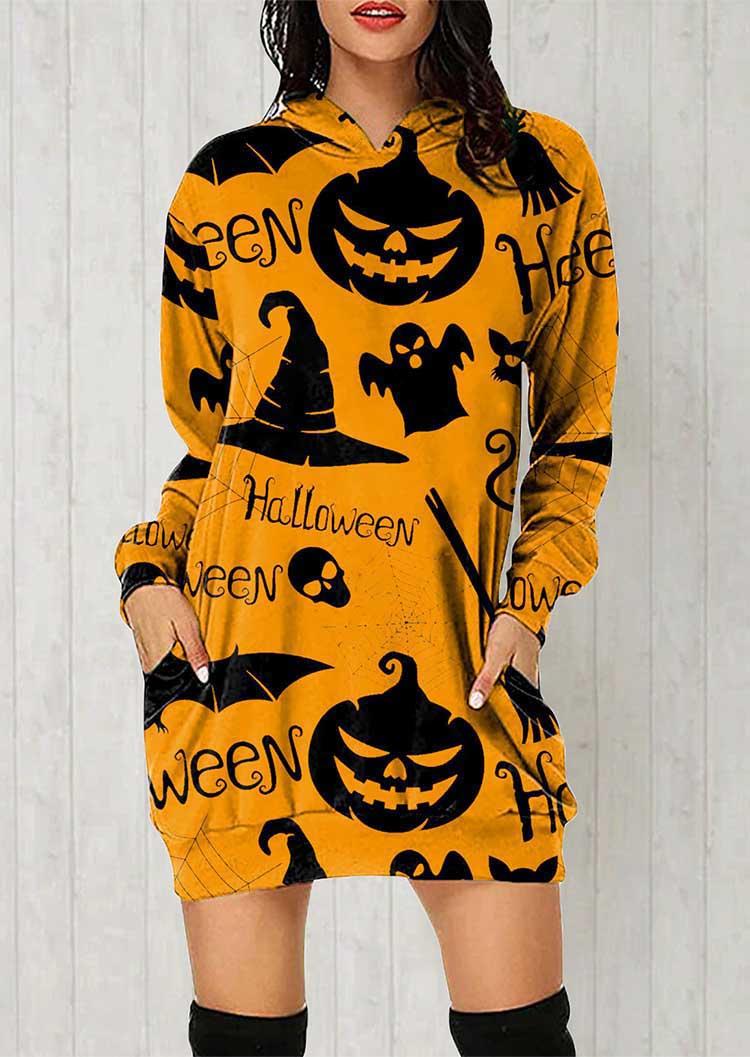 Halloween Pocket Hooded Mini Dress - Orange