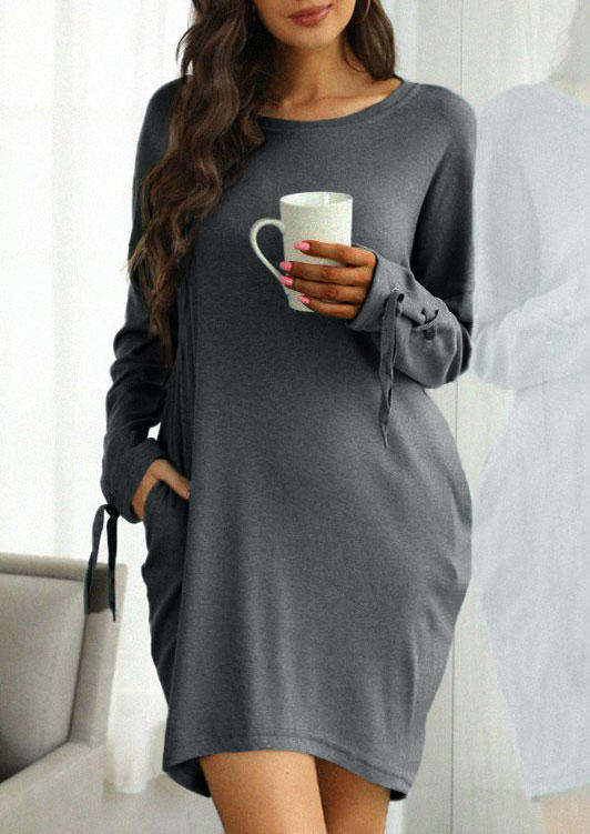 Lace Up Pocket Long Sleeve Sweatshirt Mini Dress - Gray