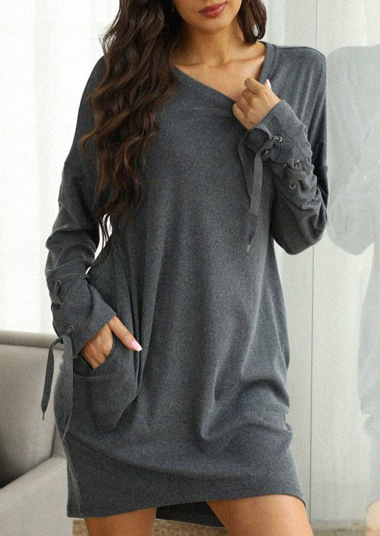 Lace Up Pocket Long Sleeve Sweatshirt Mini Dress - Gray